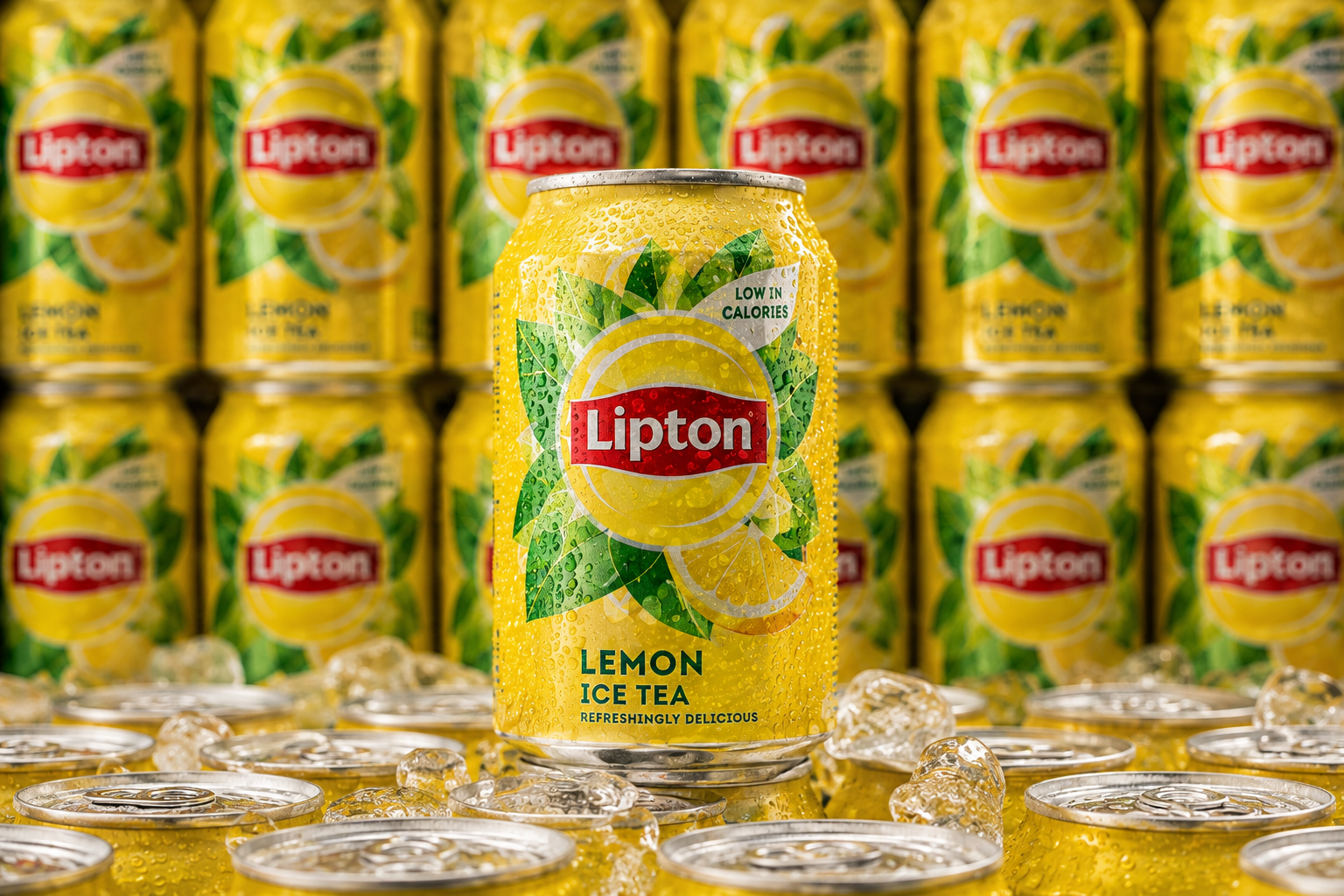 Банка Lipton Lemon Ice Tea среди упаковок с холодным чаем